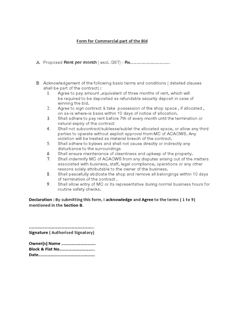 Commercial Bid Rent Terms Form | PDF | Finance & Money Management