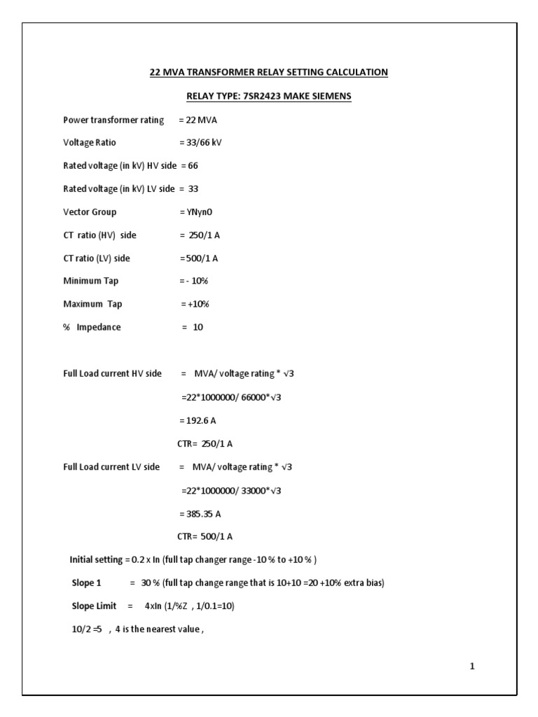 Relay Setting Calculation 22MVA PDF Transformer