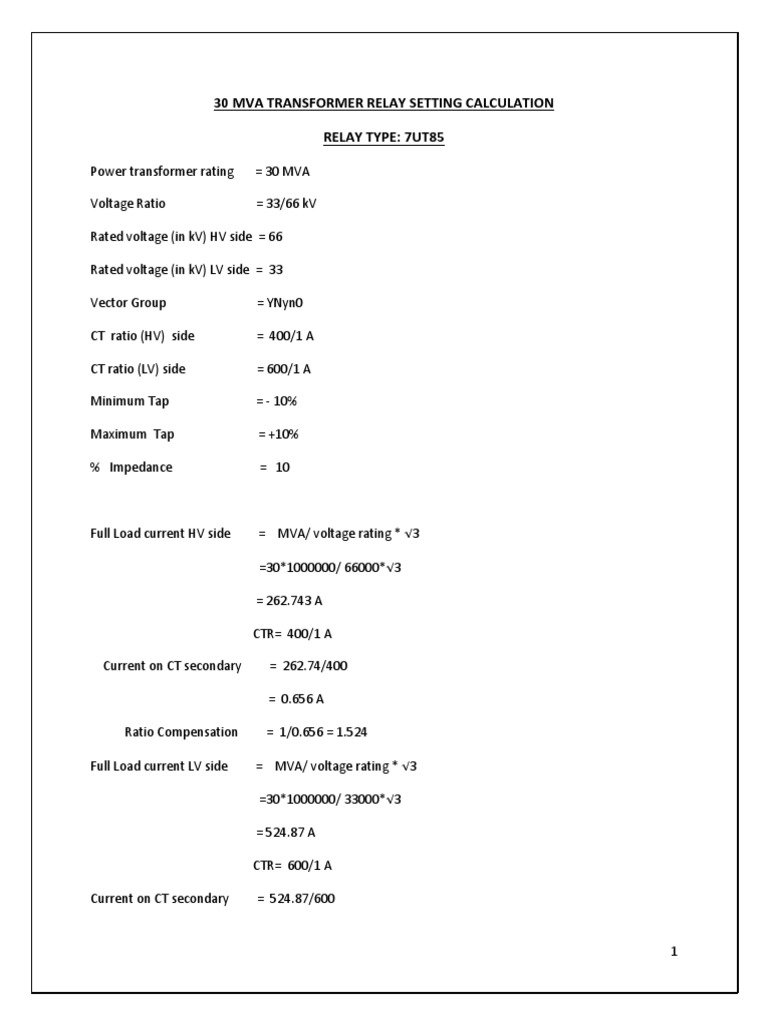 Transformer Relay Setting Calculation | PDF | Transformer | Relay