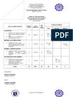 Republic of the Philippines Department of Education Region IV-A (CALABARZON) Division of Lipa City Bolbok National High School Table of Specification