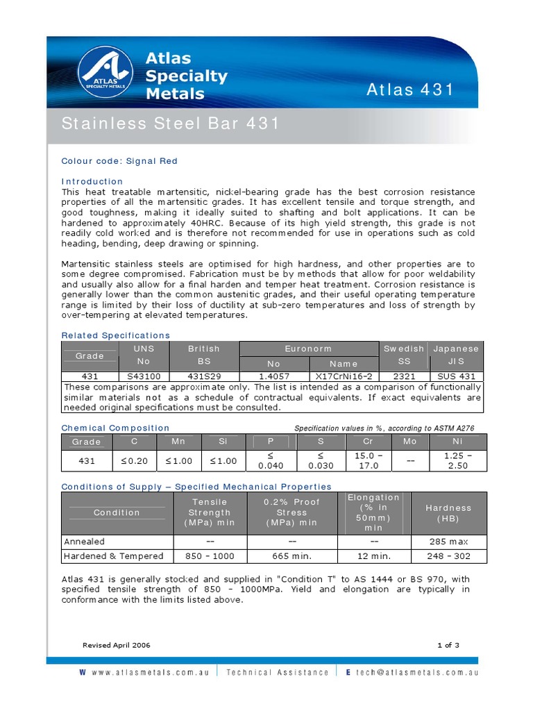 Stainless Steel Bar 431 Atlas 431: Colour Code: Signal Red | Download ...