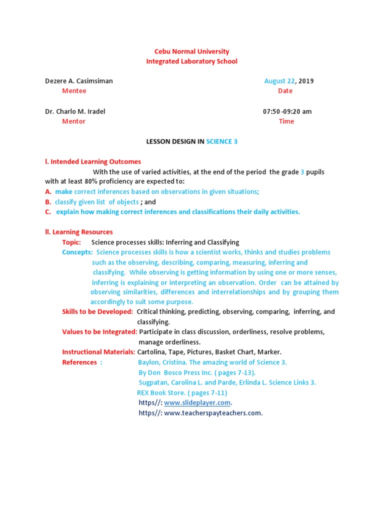 Science Lesson Plan for Grade 3 | PDF | Inference | Mentorship