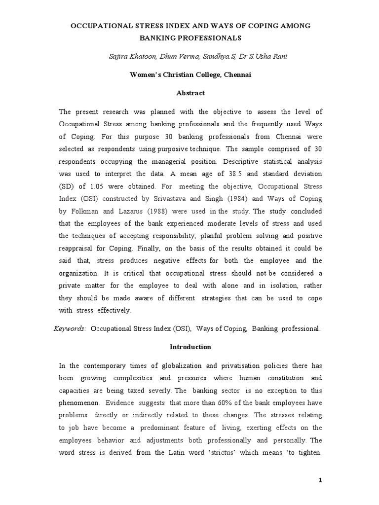 Occupational Stress in Chennai Bank Managers | PDF | Coping (Psychology ...