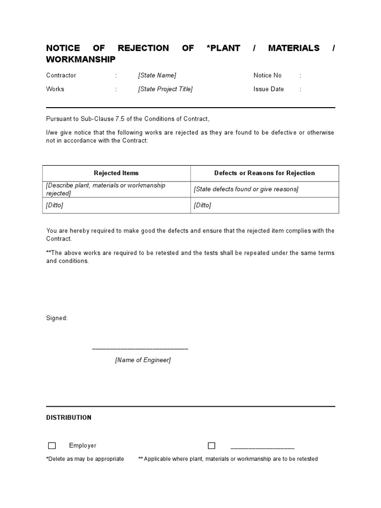 SubClause 7.5 Notice of Rejection of PlantMaterialsWorkmanship PDF Business Law