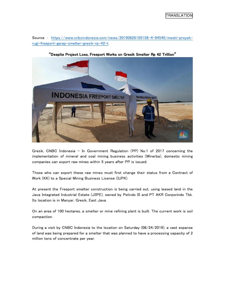 20190826 Despite Project Loss, Freeport Works on Gresik Smelter Rp 42