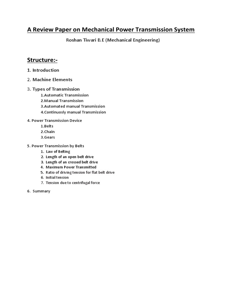 A Review Paper On Mechanical Power Transmission System PDF Belt (Mechanical) Transmission