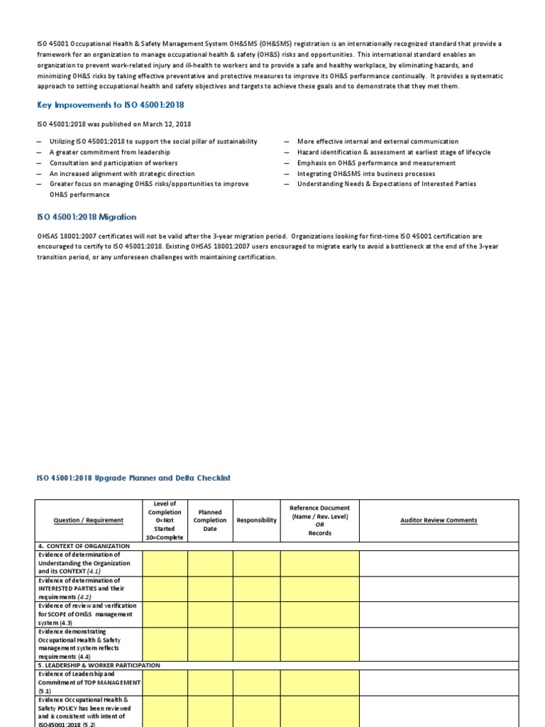 Iso 45001 Checklist Pdf Occupational Safety And Health Internal Audit