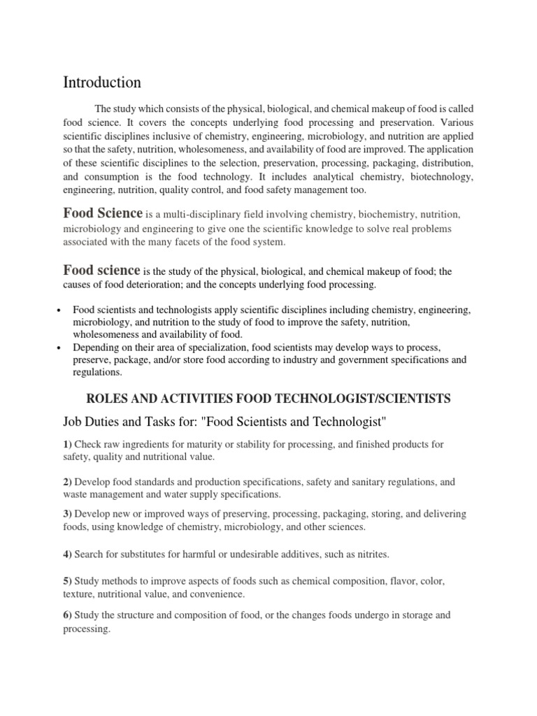 Food Science Job Duties and Tasks For "Food Scientists and Technologist" PDF Food Science