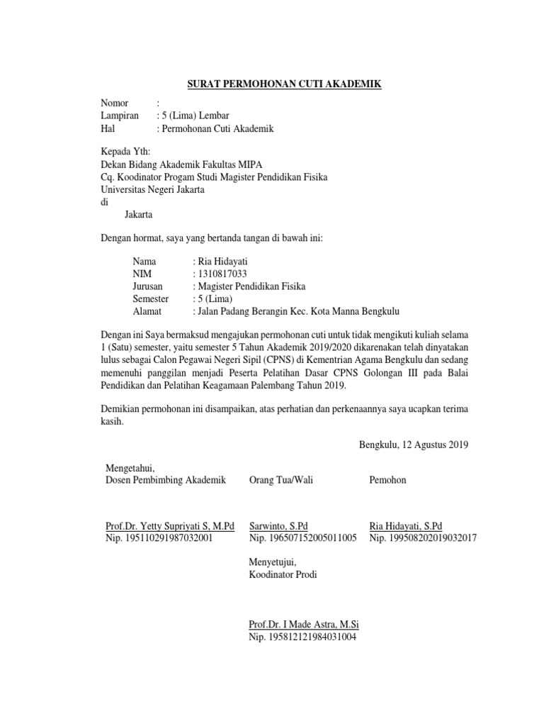 Contoh Surat Permohonan Cuti Akademik Letter 7saudara Com