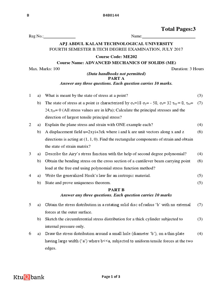 KTU Advanced Mechanics Exam Paper | PDF | Stress (Mechanics) | Bending