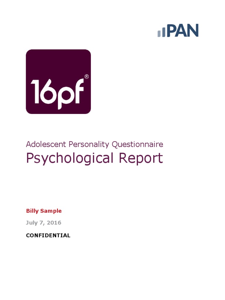 Adolescent Personality Questionnaire Psychological Report Billy Sample ...