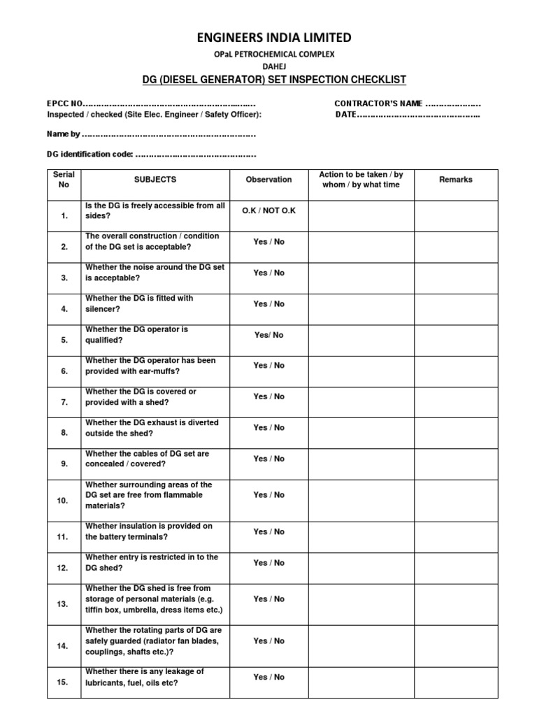 Diesel Generator Safety Inspection Checklist | PDF | Electricity ...