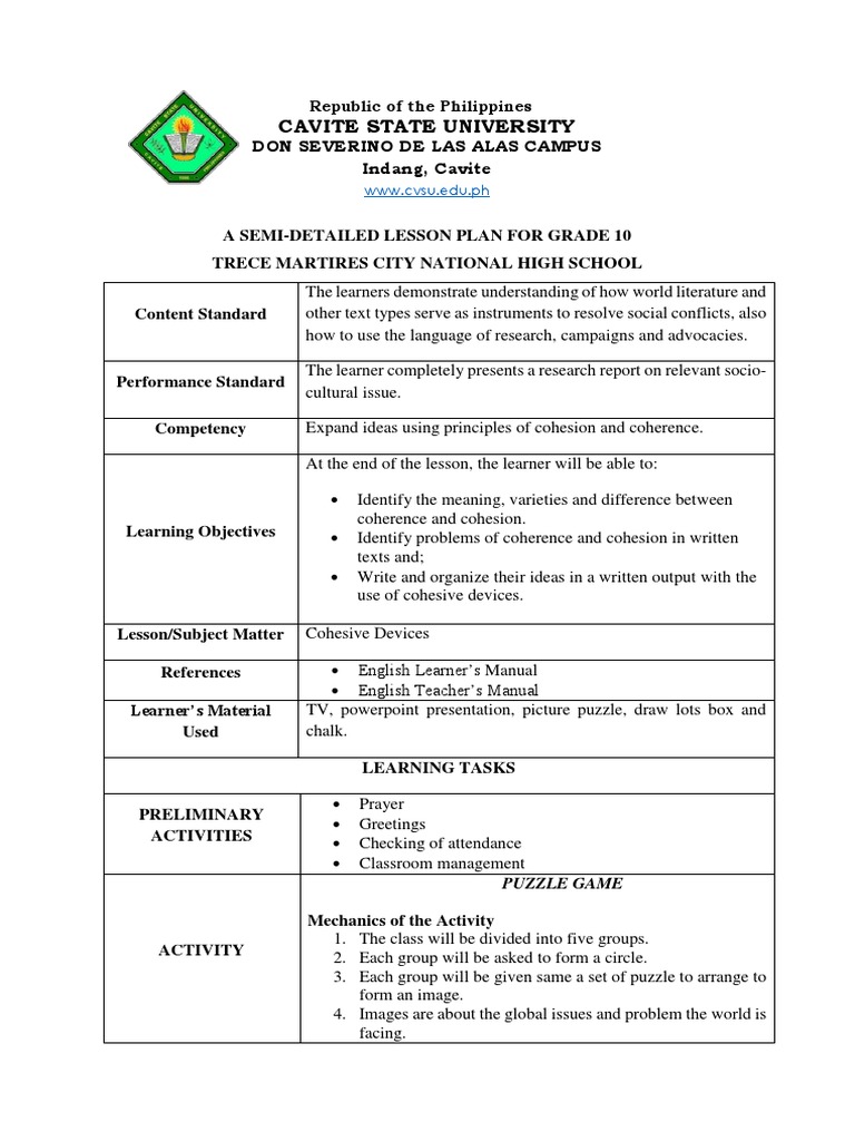 Cohesive Devices Lesson Plan Teachers