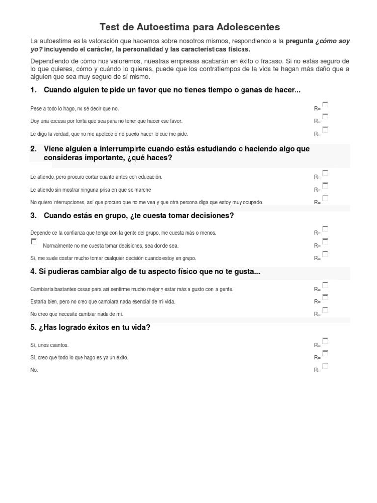 Test de Autoestima para Adolescentes | PDF
