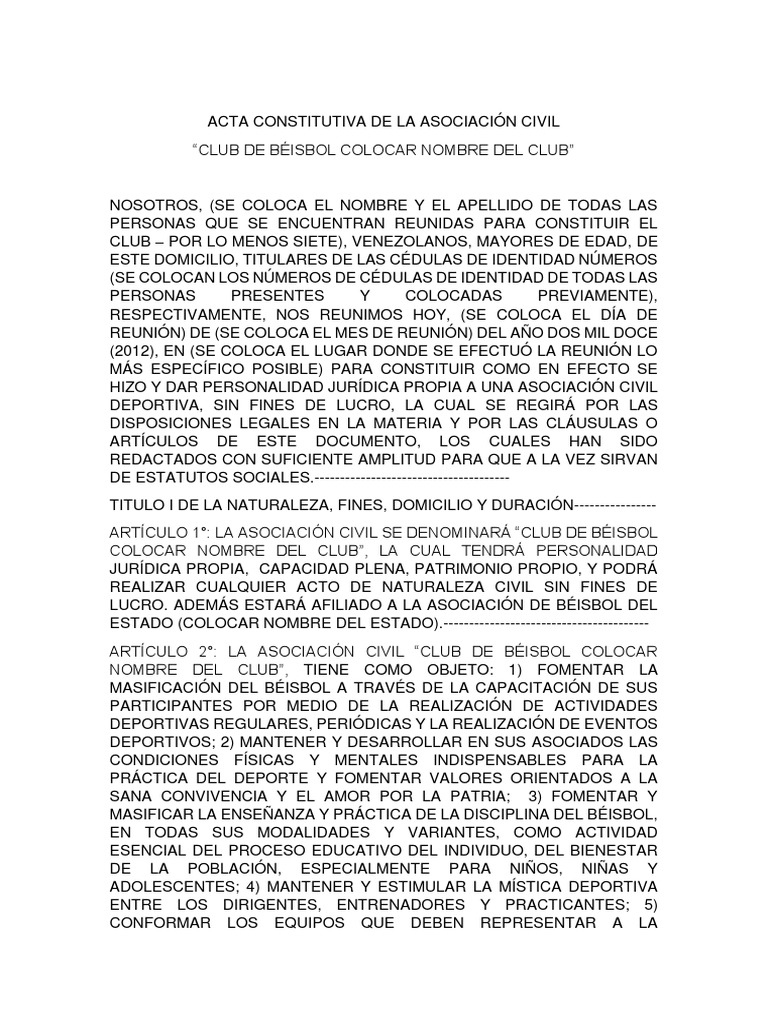 Acta Constitutiva de La Asociación Civil Beisbol Venezuela Junta Directiva Deportes