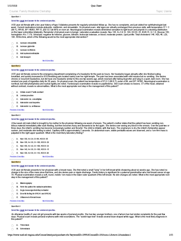 UVA Family Medicine Quiz Questions | PDF | Physical Examination | Ovarian Cancer