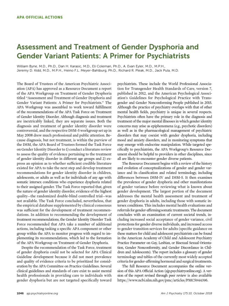 Assessment and Treatment of Gender Dysphoria and Gender Variant ...