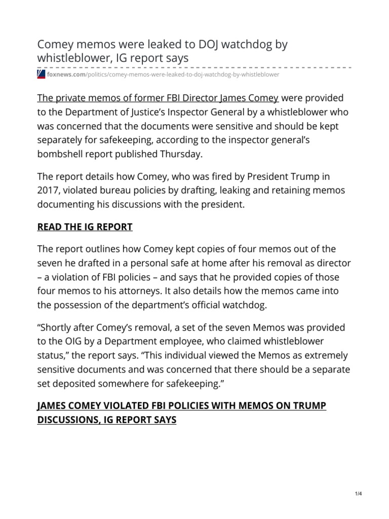 Comey Memos Were Leaked To DOJ Watchdog by Whistleblower IG Report Says ...