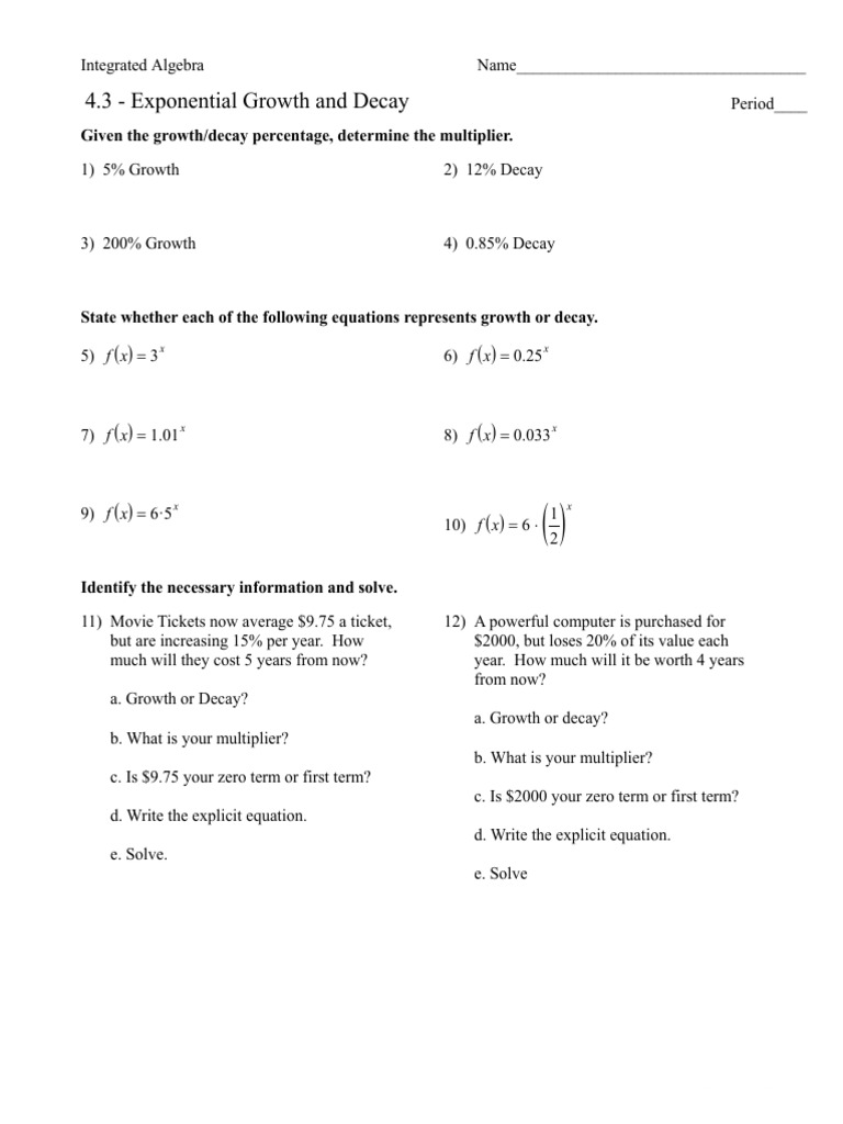 22.22 - Exponential Growth and Decay  PDF  Exponential Function Pertaining To Exponential Growth And Decay Worksheet