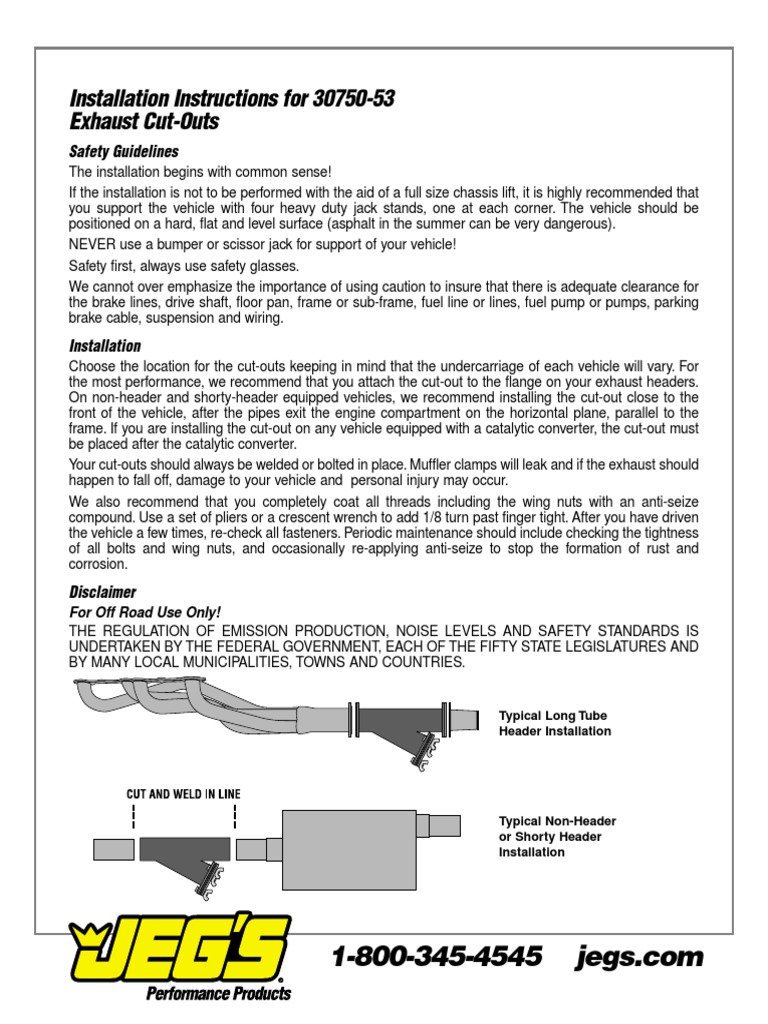 Installation Instructions For 3075053 Exhaust CutOuts Safety