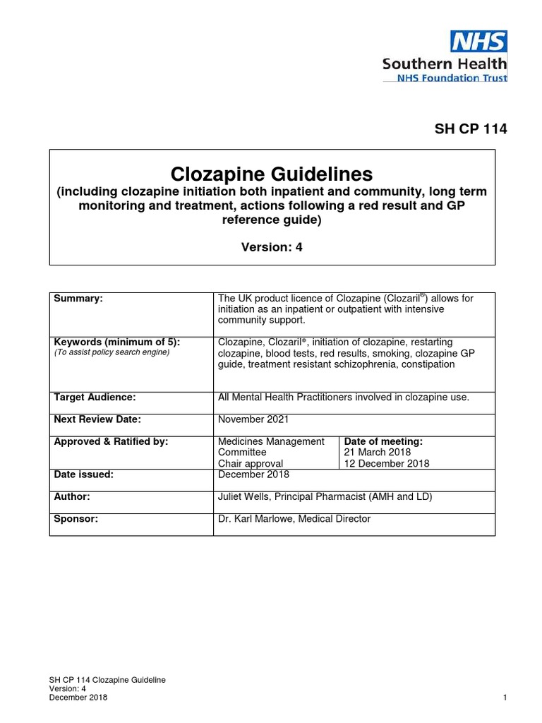 Clozapine Guidelines Clozapine Patient Free 30day Trial Scribd