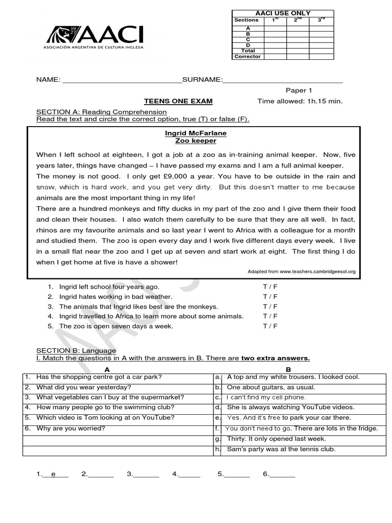 Teens One Exam: Aaci Use Only | PDF