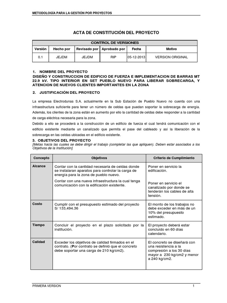 Acta de Constitución del Proyecto Electrodunas | PDF | Presupuesto ...