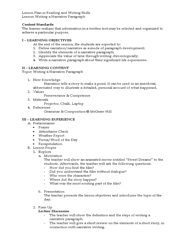 Reading and Writing Skills Lesson Plan on Narrative Narrative Narration