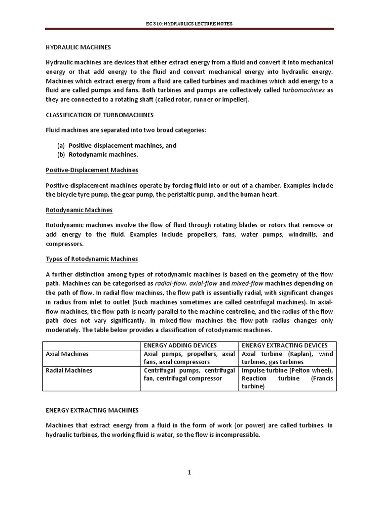 Ec 310 Hydraulics Lecture Notes PDF Turbine Turbomachinery