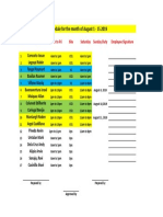 Schedule For The Month of August 1 - 15 2019: Name Mon To Fri Site Saturday Sunday Duty Employee Signature