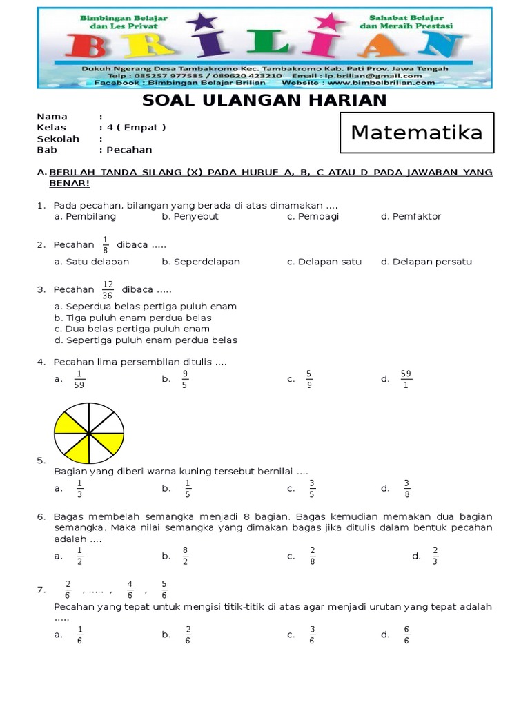 soalkunci.my.id Soal Ulangan Matematika Kelas 4 Pecahan