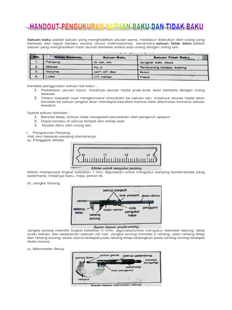 Hand Out Pengukuran Satuan Baku Dan Tidak Baku