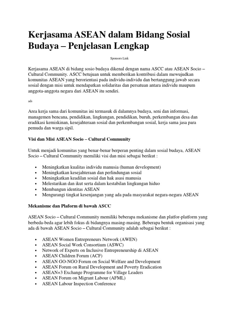 Kerjasama Asean Dalam Bidang Sosial Budaya