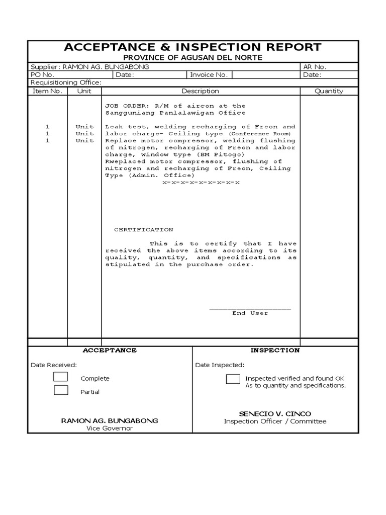 Acceptance & Inspection Report | PDF