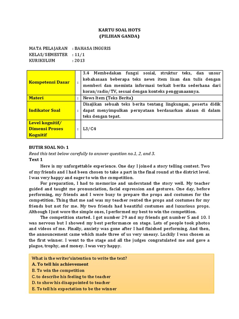 Kartu Soal Hots B Inggris