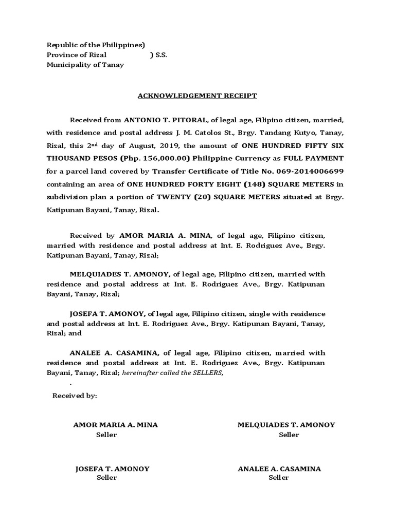 Acknowledgment Receipt - Antonio T. Pitoral | PDF | Philippines ...