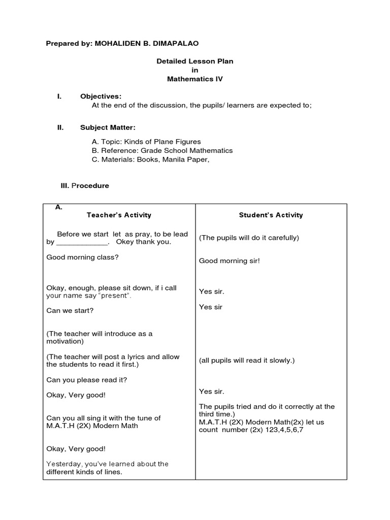 Lesson Plan on Plane Figures for Grade 4 | PDF | Rectangle | Triangle