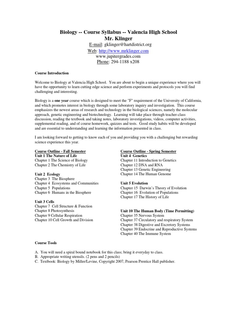 Biology - Course Syllabus - Valencia High School Mr. Klinger | PDF ...