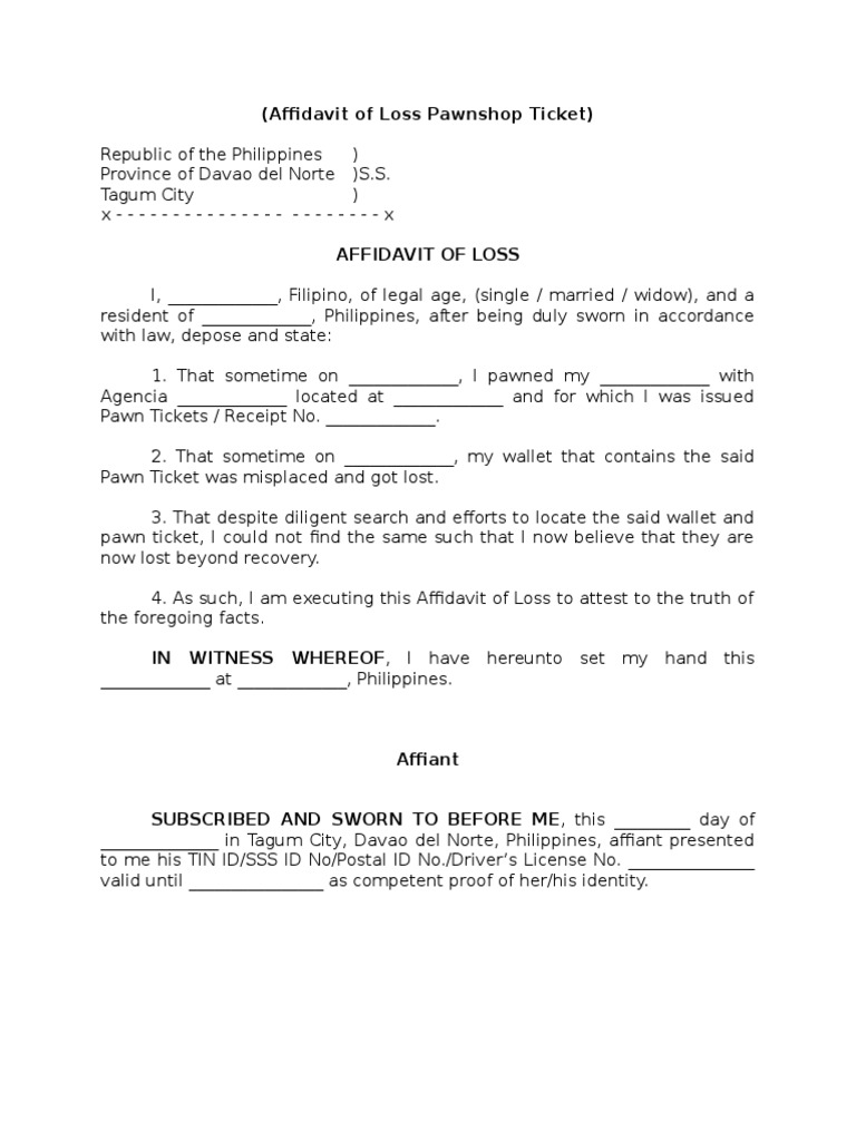 Affidavit of Loss for Pawn Ticket | PDF
