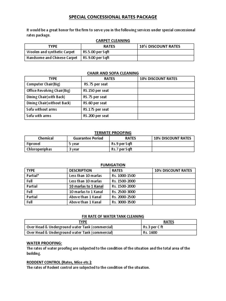 Special Concessional Rates Package: Carpet Cleaning Type Rates 10% ...