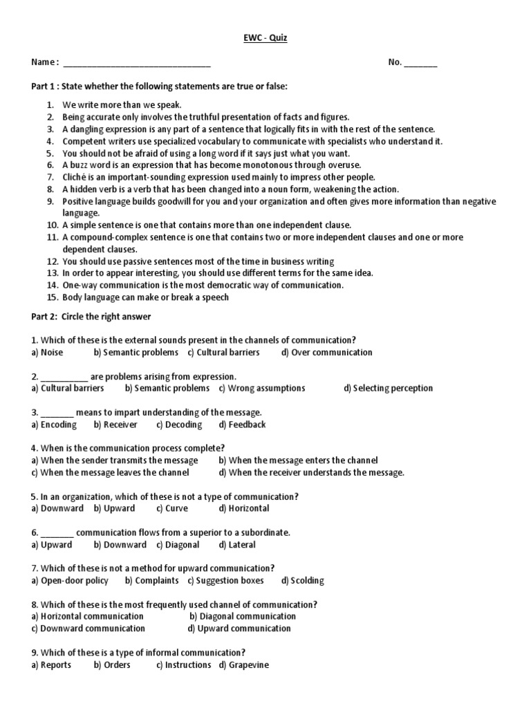 Written Communication Skills Quiz | PDF | Sentence (Linguistics) | Speech