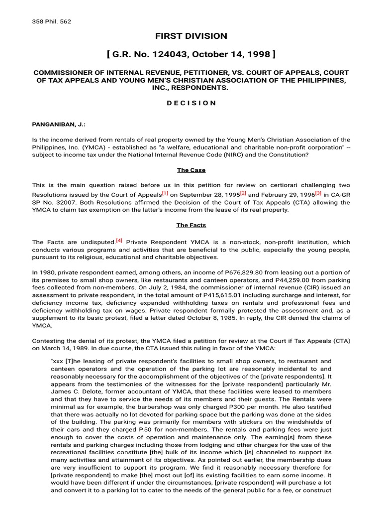 GR 124043 Cir Vs CA & Ymca PDF Tax Exemption Taxes