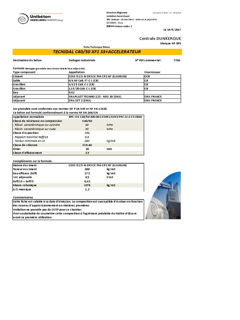 Fiche Composition Beton Tecnidal C40 50 Xf1 Beton Ingenierie Des Structures