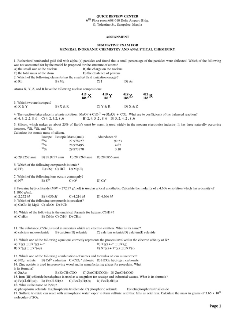 Summative Exams For General and Analytical ChemistryFOR STUDENT