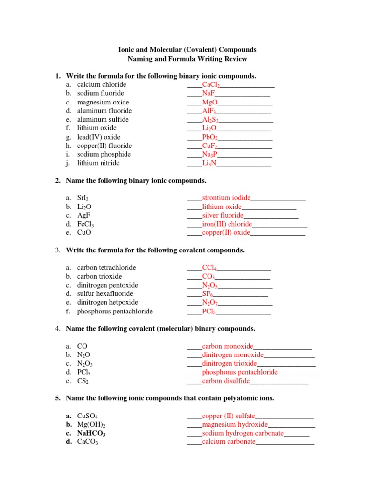 Naming and Writing Formulas Review - Key  PDF  Nitrogen  Oxide