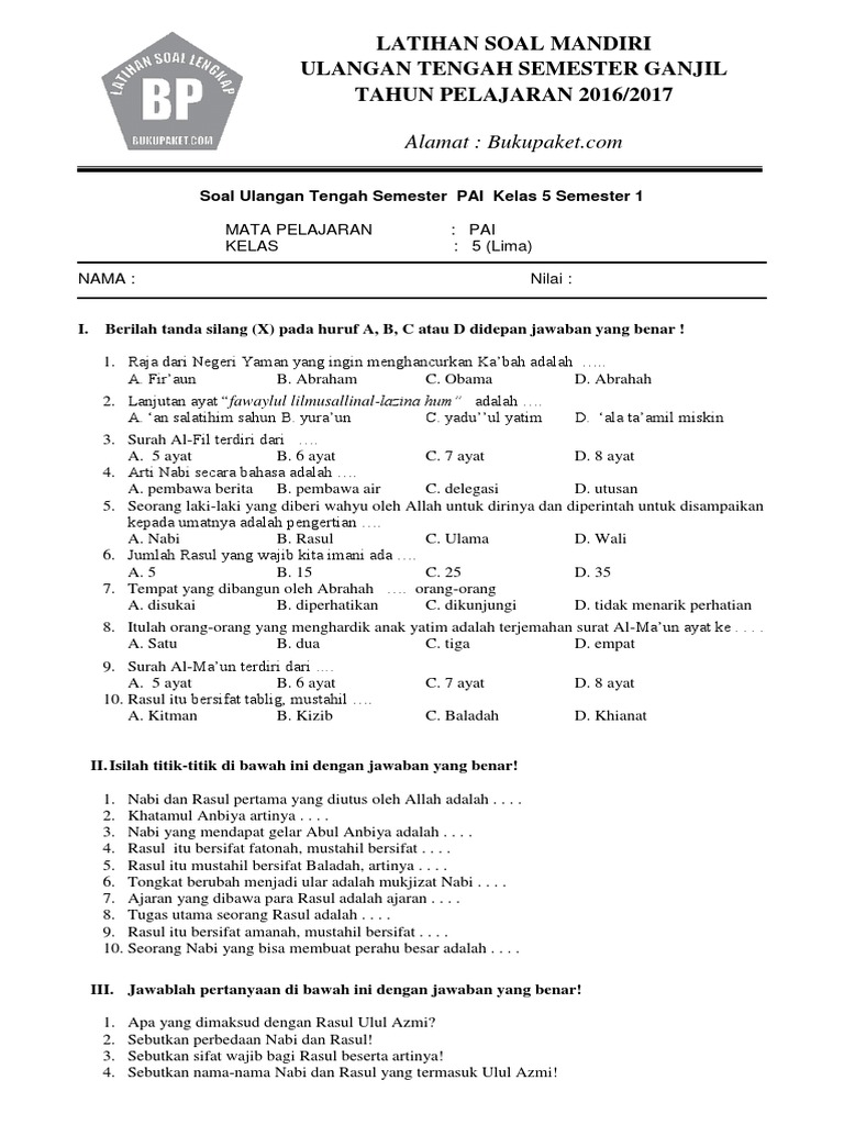 Soal Uts Pai Kelas 5 Sd Semester 1