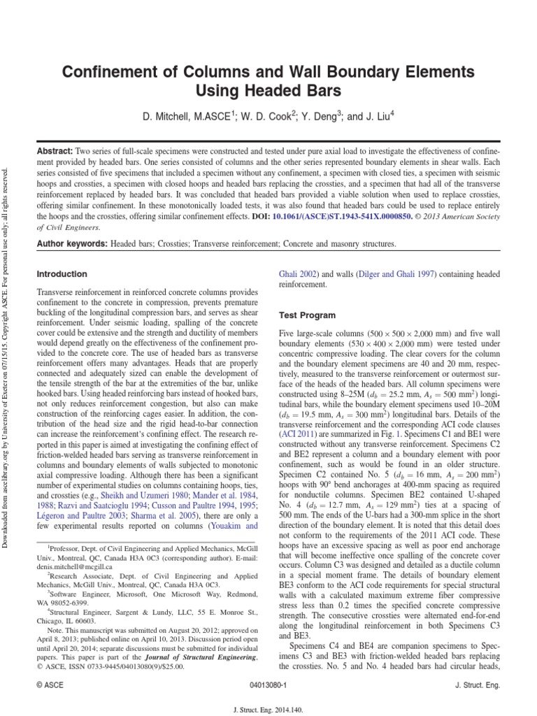 Confinement of Columns and Wall Boundary Elements Using Headed Bars ...