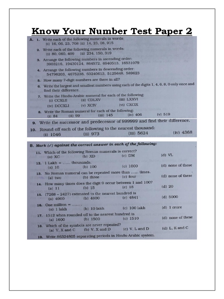 01 Knowing Numbers Test Paper 2 | PDF