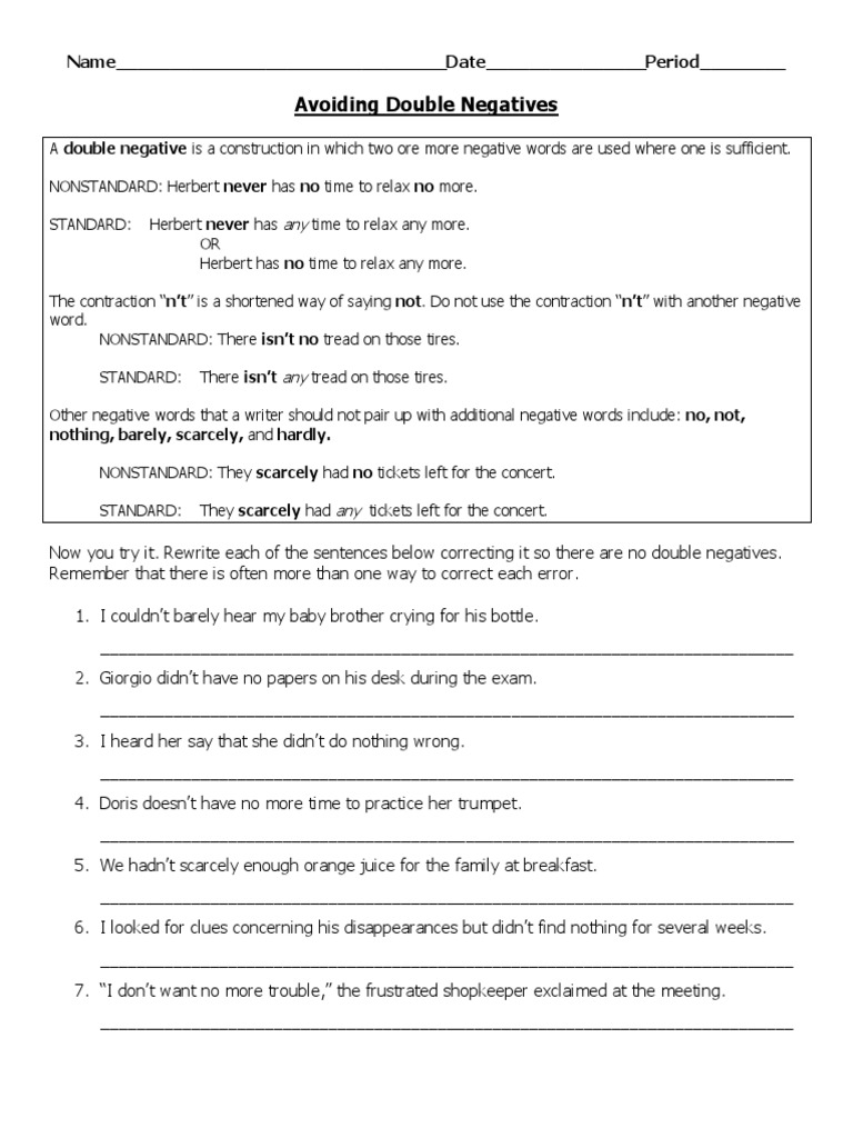 Double Negatives: Avoidance Worksheet | PDF