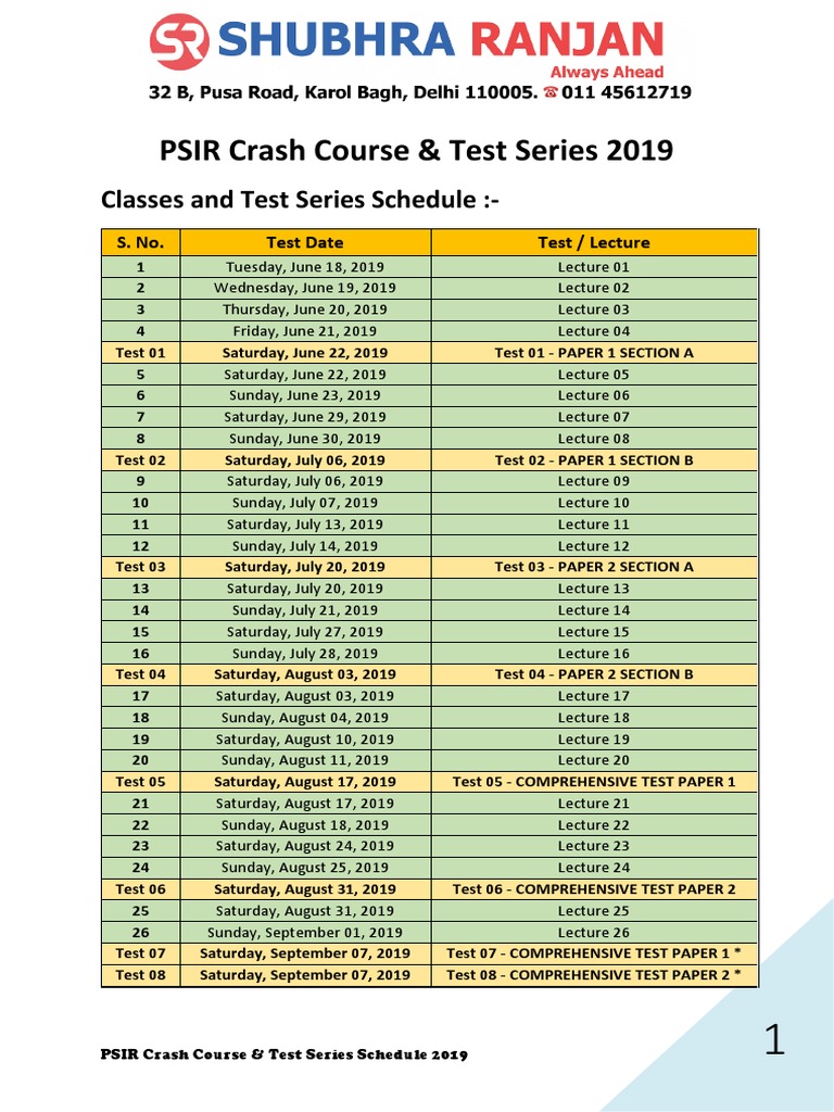 PSIR Crash Course & Test Schedule 2019 | PDF
